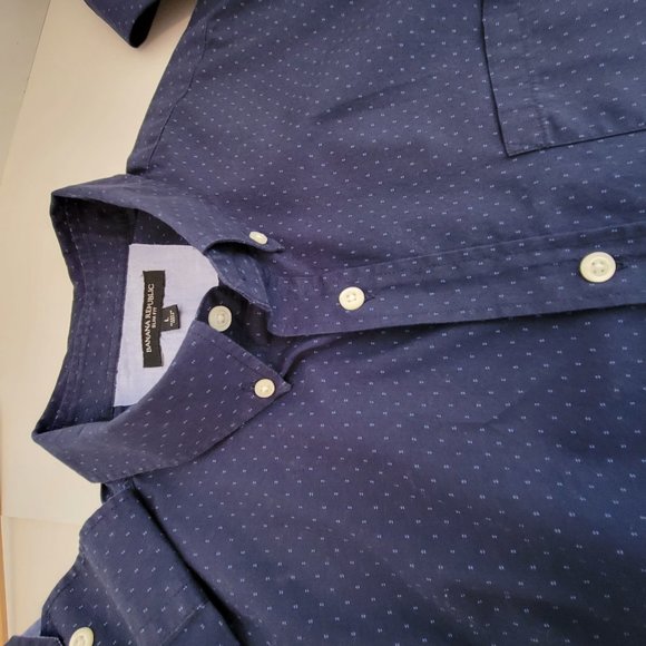 Banana Republic Mens Slim Fit L/S Button Down Shirt Size L Navy with Blue Dots - Picture 9 of 12